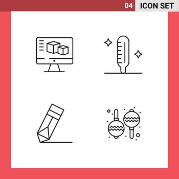 Mobile Interface Line Set of 4 Pictograms of computer design computing medical wreath Editable Vector Design Elements