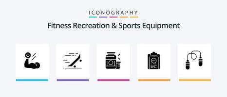 paquete de iconos de glifo 5 de equipos deportivos y de recreación física que incluye el plan. portapapeles. patineta. suplemento. proteína. diseño de iconos creativos vector