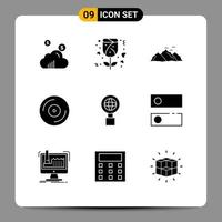 Group of 9 Modern Solid Glyphs Set for dns internet hill globe dvd Editable Vector Design Elements