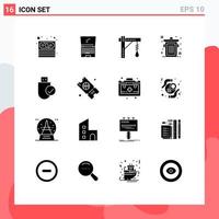 Modern Set of 16 Solid Glyphs and symbols such as connected trash brightness editorial light Editable Vector Design Elements