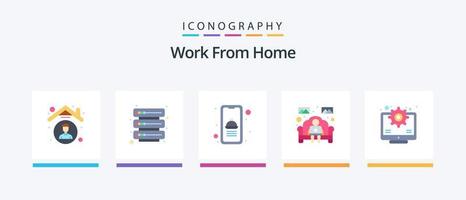 Work From Home Flat 5 Icon Pack Including employee management. home work. food. worker. sofa. Creative Icons Design vector