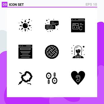 9 conjunto de glifos sólidos universales para aplicaciones web y móviles, búsqueda de pasteles, codificación, marketing, negocios, elementos de diseño vectorial editables vector