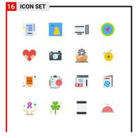 Modern Set of 16 Flat Colors Pictograph of camera love pc heart pointer Editable Pack of Creative Vector Design Elements