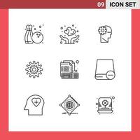 Set of 9 Commercial Outlines pack for work system process production cog Editable Vector Design Elements