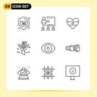 Group of 9 Outlines Signs and Symbols for biology percent gain students funel heartflag Editable Vector Design Elements