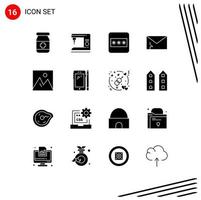 Mobile Interface Solid Glyph Set of 16 Pictograms of furniture decor layout spam mail Editable Vector Design Elements