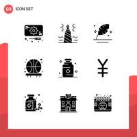 Pack of 9 Modern Solid Glyphs Signs and Symbols for Web Print Media such as health basketball edit backboard quill Editable Vector Design Elements