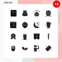 Set of 16 Vector Solid Glyphs on Grid for basket page transport computer watch Editable Vector Design Elements