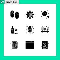 9 Creative Icons Modern Signs and Symbols of lock love carbon glass drink Editable Vector Design Elements