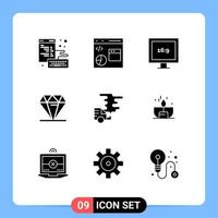 9 Thematic Vector Solid Glyphs and Editable Symbols of car expensive programming rich diamond Editable Vector Design Elements