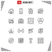 Outline Pack of 16 Universal Symbols of plan map smartphone document speedometer Editable Vector Design Elements