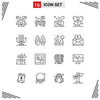 Mobile Interface Outline Set of 16 Pictograms of work chair hospital medical healthcare Editable Vector Design Elements