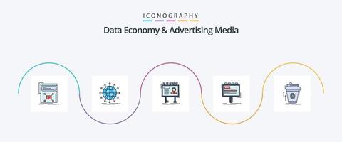 la economía de datos y la línea de medios publicitarios llenaron un paquete de iconos de 5 planos que incluye publicidad. anuncio. noticias. junta. cartelera vector