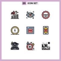 9 Universal Filledline Flat Color Signs Symbols of tecnology free access love office coin Editable Vector Design Elements