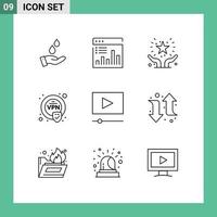 Group of 9 Modern Outlines Set for cinema security monitoring encryption hands support Editable Vector Design Elements