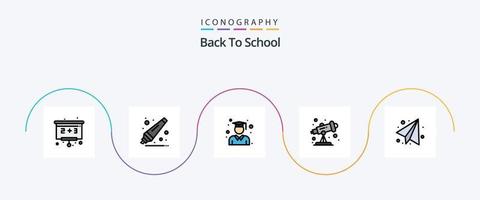 la línea de regreso a la escuela llenó el paquete de iconos planos 5 que incluye. avion de papel. graduación. educación. telescopio vector