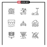 User Interface Pack of 9 Basic Outlines of furniture river scooter monument cross Editable Vector Design Elements