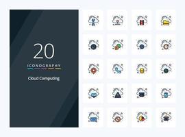 20 iconos llenos de línea de computación en la nube para presentación vector