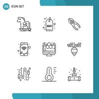 Pictogram Set of 9 Simple Outlines of analytics network tag mobile repair Editable Vector Design Elements