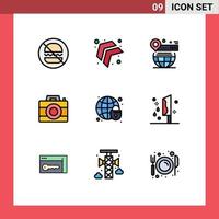 Set of 9 Vector Filledline Flat Colors on Grid for globe technology pin digital camera Editable Vector Design Elements