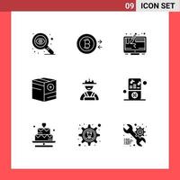 Mobile Interface Solid Glyph Set of 9 Pictograms of worker builder graphic plus commerce Editable Vector Design Elements