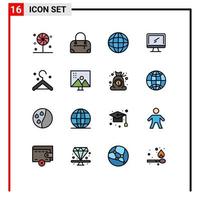 Set of 16 Commercial Flat Color Filled Lines pack for image editing hanger globe clothes imac Editable Creative Vector Design Elements