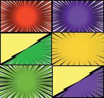 Comic book colorful frames background with halftone rays radial and dotted effects pop art style vector