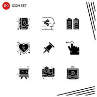 9 User Interface Solid Glyph Pack of modern Signs and Symbols of marker label acumulator heart day Editable Vector Design Elements