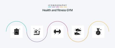 paquete de iconos de glifo 5 de gimnasio que incluye insignia. juguetón. rueda de andar. zapato. ropa vector