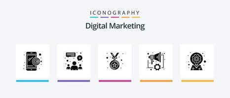 paquete de iconos de glifo 5 de marketing digital que incluye opciones. geo. medalla. engranaje. marketing. diseño de iconos creativos vector
