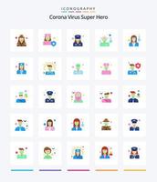 creativo corona virus super héroe 25 paquete de iconos planos como científico. doctor. medicamento. femenino. oficial vector