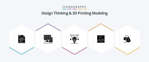 Design Thinking And D Printing Modeling 25 Glyph icon pack including box. education. bulb. image. frame vector