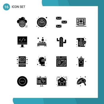 16 User Interface Solid Glyph Pack of modern Signs and Symbols of increase designing tool back decrease envelope Editable Vector Design Elements