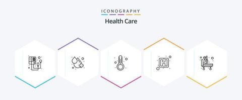 Health Care 25 Line icon pack including hospital stretcher. temprature. sign. direction vector