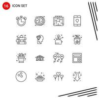 Editable Vector Line Pack of 16 Simple Outlines of education mobile blueprint love devices Editable Vector Design Elements