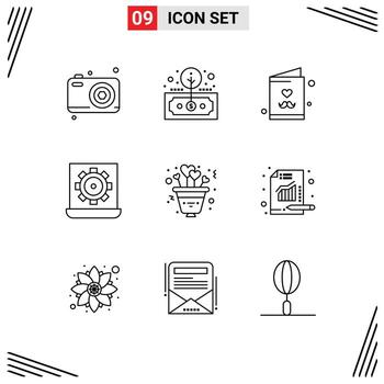 Pack of 9 Modern Outlines Signs and Symbols for Web Print Media such as setting laptop roi configure card Editable Vector Design Elements