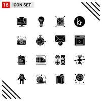 16 Thematic Vector Solid Glyphs and Editable Symbols of camera icelandic object danish krone Editable Vector Design Elements