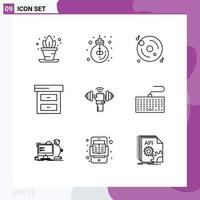 Modern Set of 9 Outlines Pictograph of lifting dumbbell disk finance archive Editable Vector Design Elements