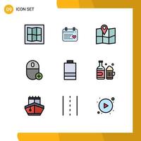 Set of 9 Commercial Filledline Flat Colors pack for bottle electric pin battery gadget Editable Vector Design Elements