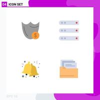 Set of 4 Commercial Flat Icons pack for shield network secure database bell Editable Vector Design Elements