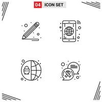 Mobile Interface Line Set of 4 Pictograms of pencil chat globe network message Editable Vector Design Elements