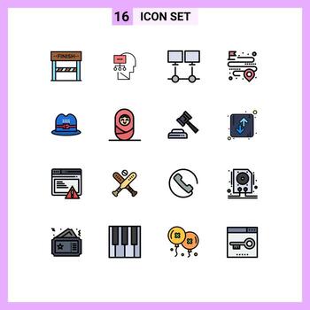 16 User Interface Flat Color Filled Line Pack of modern Signs and Symbols of hat map connect location server Editable Creative Vector Design Elements