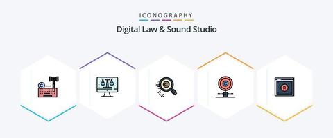 paquete de iconos de 25 líneas completas de estudio de sonido y ley digital que incluye ley. derechos de autor. pantalla. negocio. dueño vector