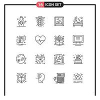 Modern Set of 16 Outlines and symbols such as sleep hotel light heart picture Editable Vector Design Elements