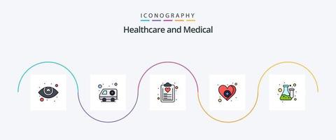 paquete de iconos de 5 planos llenos de línea médica que incluye matraz. cuidado. dieta. médico. corazón vector