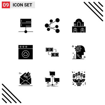 grupo universal de símbolos de iconos de 9 glifos sólidos modernos de elementos de diseño de vectores editables de aplicación mac de edificio de intercambio de dólares