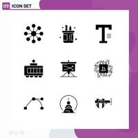 Pack of 9 Modern Solid Glyphs Signs and Symbols for Web Print Media such as plan strategic type transport railroad Editable Vector Design Elements