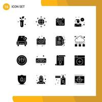 16 User Interface Solid Glyph Pack of modern Signs and Symbols of car working calendar time employee Editable Vector Design Elements