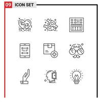 Pack of 9 Modern Outlines Signs and Symbols for Web Print Media such as qr mobile sweets code speaker Editable Vector Design Elements