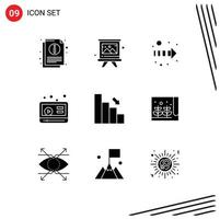 Universal Icon Symbols Group of 9 Modern Solid Glyphs of down business arrow bar video Editable Vector Design Elements